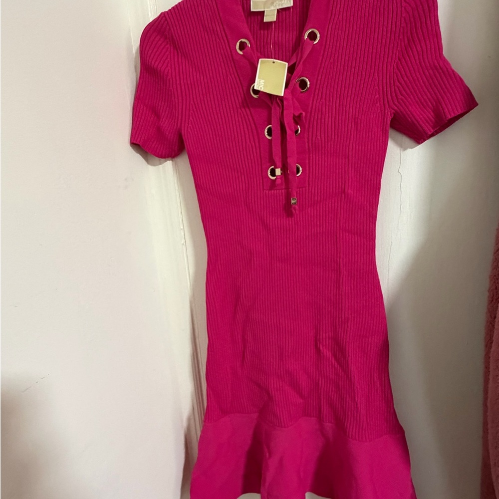 Michael Kors Fuchsia Lace-Up Ribbed Top